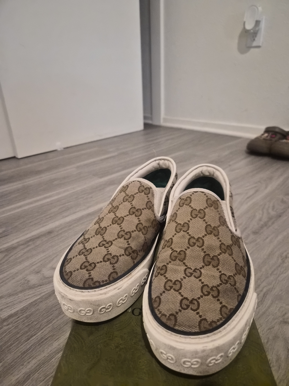 Woman Size 38 Slip-On GG Monogram Canvas Sneakers in Beige